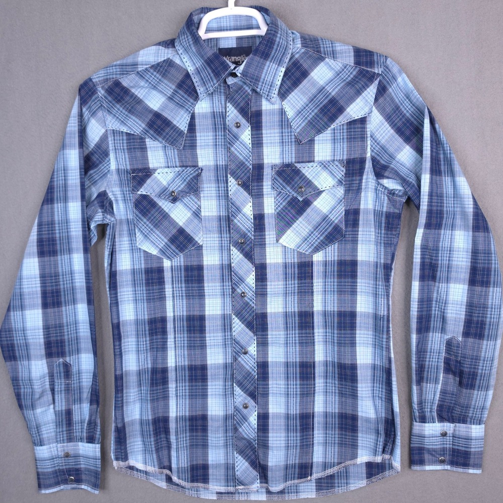 Wrangler Western Shirt Pearl Snap Plaid Blue Small Cotton Blend Long Sleeve S